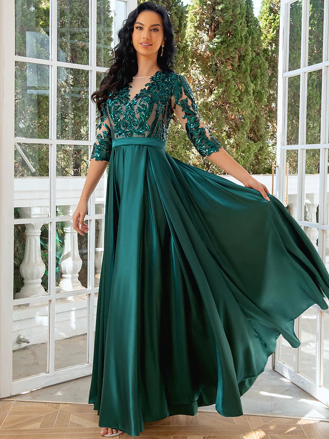 Luolandi A-Line Evening Gown Elegant Dress Wedding Party Floor Length Half Sleeve Illusion Neck Satin with Pleats Sequin